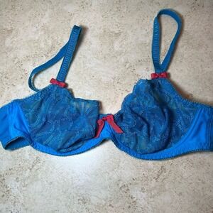 VTG Y2K Freya Vintage Sheer Blue Lace Whimsical Size 36D Bra Red Bows EUC
